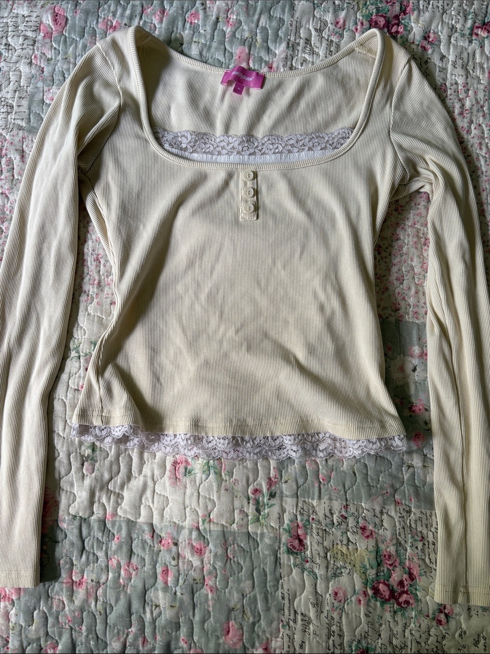 Edikted Cream Long Sleeve Scoop Neck Lace Trim Top